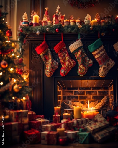 Holiday stockings hanging over a cozy fireplace in a cozy living room decorated with holiday decorations. © Andrey