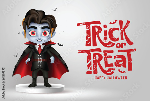 Halloween vampire character vector design. Trick or treat greeting text with boy vampire character in podium stage for product display background. Vector illustration horror party invitation card.
