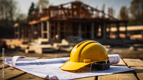 Construction house. Repair work. Drawings for building and yellow helmet on on the background of a construction site. Ai generated