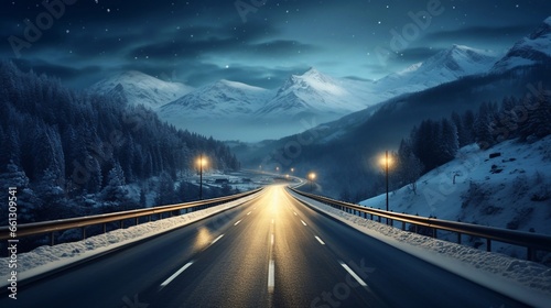 a photo of Asphalt road through the snowy mountains at night. 3d rendering Generative AI © Saim Art