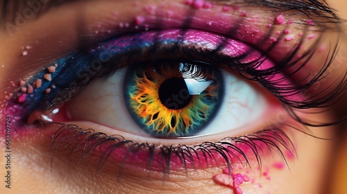 a photo of Close up shot of beautiful woman eye with rainbow color lens bright make up concept of Holi festival Generative AI