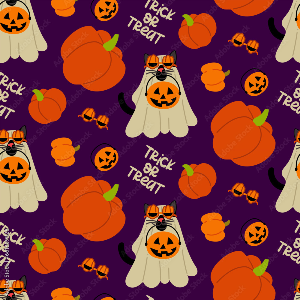 A pattern of a cat in a sheet for Halloween with a pumpkin basket of sweets on a purple background. A black cat in pumpkin glasses is going for candy. Flat vector illustration. Text Trick or treat A pattern of a cat in a sheet for Halloween with a pumpkin basket of sweets on a purple background. A black cat in pumpkin glasses is going for candy. Flat vector illustration. Text Trick or treat