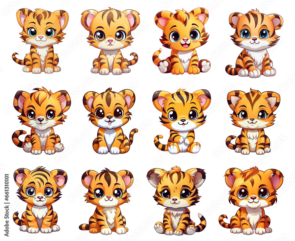 cute tiger illustrations set. set of cute chibi tiger icons. funny tiger stickers collection. cute tiger illustrations set. set of cute chibi tiger icons. funny tiger stickers collection.