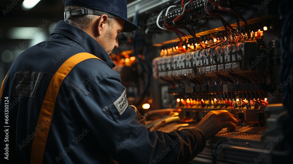 A male electrician works in a switchboard with an electrical connecting cable. Working professions concept