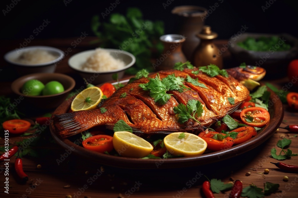 a picture Baked fish with lemon and tomatoes on a wooden background Generative AI a picture Baked fish with lemon and tomatoes on a wooden background Generative AI
