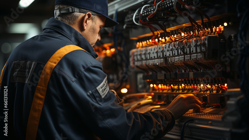 Wallpaper Mural A male electrician works in a switchboard with an electrical connecting cable. Working professions concept Torontodigital.ca