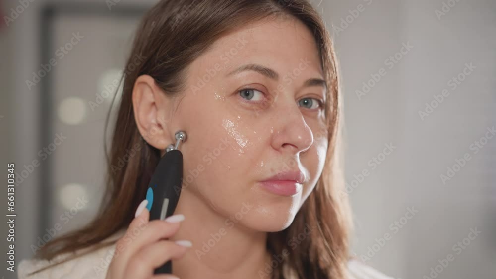 Female massages problem areas of face with microcurrent tool. Brunette woman points massage device over face in bathroom on background slow motion Female massages problem areas of face with microcurrent tool. Brunette woman points massage device over face in bathroom on background slow motion