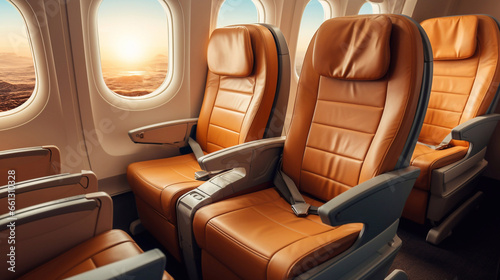a picture of Airplane interior with seats and window view on the clouds and sky Generative AI