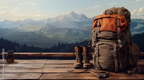 a picture of Camping equipment on the background of mountains. Backpack, trekking shoes, thermos, coffee cup and flask. Generative AI