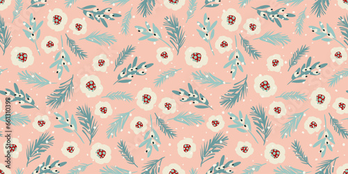 Christmas and Happy New Year seamless pattern. Christmas tree, flowers, berries. New Year symbols. Vector design