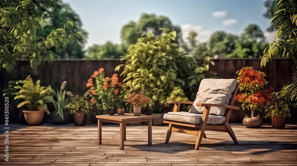 a picture of Wooden table and chairs in the garden. couple special sitting in park Generative AI