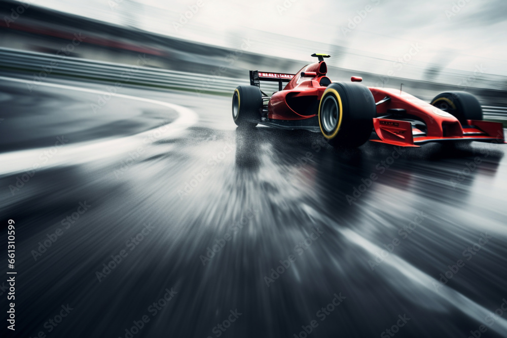 A generic race car moving at high speed around a corner on a racetrack, in slightly damp conditions causing tyres to emit spray, With motion blur to the wheel and track