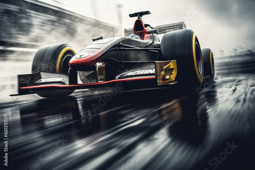 A generic race car moving at high speed around a corner on a racetrack  in slightly damp conditions causing tyres to emit spray  With motion blur to the wheel and track