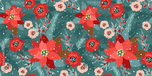 Christmas and Happy New Year seamless pattern. Christmas tree, flowers, berries. New Year symbols. Vector design