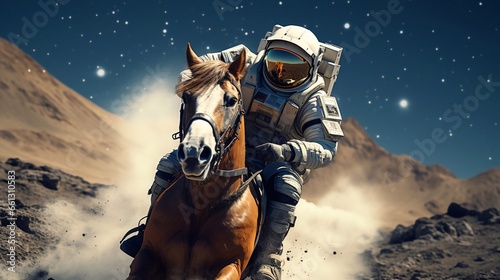 Photographie Astronaut riding a horse in the desert 3d rendering a man riding horse in desert