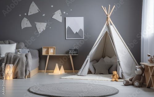 Children's room with grey plush carpet and small tent