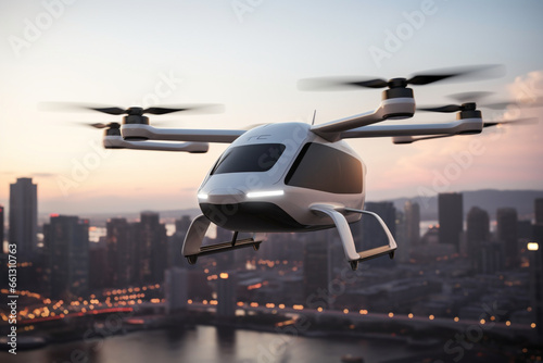 A generic white electric powered Vertical Take Off and Landing eVTOL aircraft with four rotors, coming in to land on roof top helipad with high city city buildings in the background