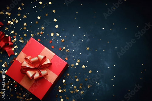 A red festive box with a tag on a dark background with a vignette and star confetti, place for text