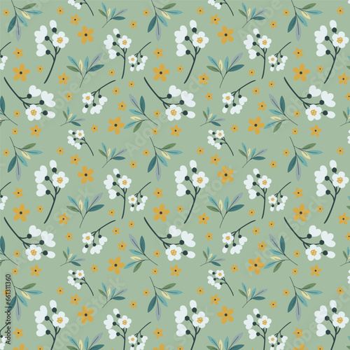 Floral seamless pattern with the pattern template in the Swatches panel. White and yellow blossom and leaves on dark background. Vector art