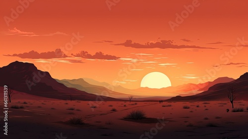 A serene and solitary desert sunset scene, featuring a vast horizon view with warm, golden hues painting the sky and landscape