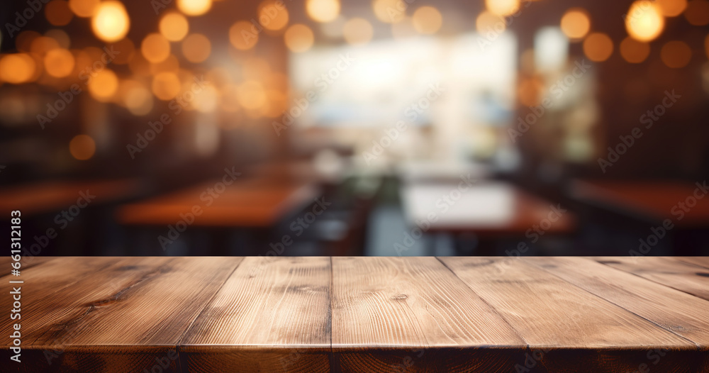 Wooden table with bright blurred background of indoor restaurant