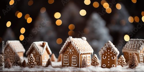 Christmas Gingerbread house on the background of golden festive bokeh.Christmas baking.Holiday mood. Banner
