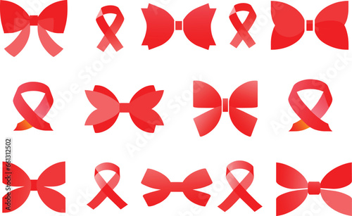 Sets of red color ribbon illustrations Classic Decorative red bow ornaments Design on white background Modern Vector Line Draw Cartoon White Background