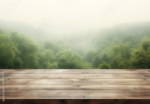 Wooden table with bright blurred background overlooking forest outside