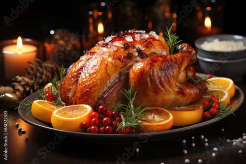 Homemade roast turkey or roast chicken for Thanksgiving or Christmas dinner.