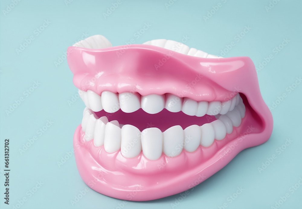 white dentures on a light blue background white dentures on a light blue background