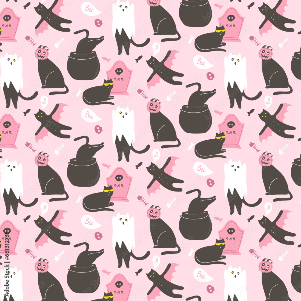black and pink cat halloween seamless pattern