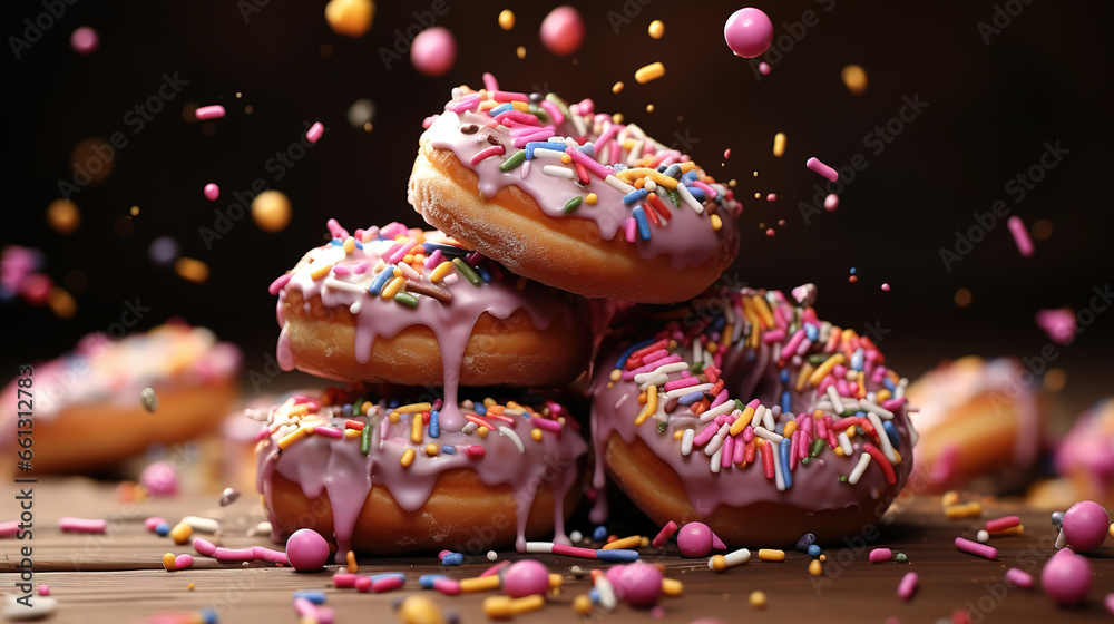Donuts fall on wooden table Various decorated doughnuts in motion falling. Generative Ai Donuts fall on wooden table Various decorated doughnuts in motion falling. Generative Ai