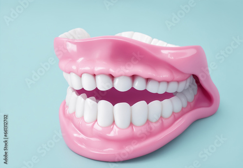 white dentures on a light blue background photo