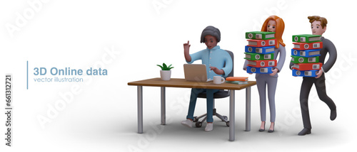 American man sitting at table and working on laptop. Lady and man standing near and holding stacks of folders. 3d online data concept. Vector illustration in 3d style