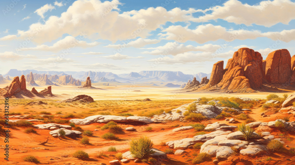 Illustration of rocky desert with red mountains