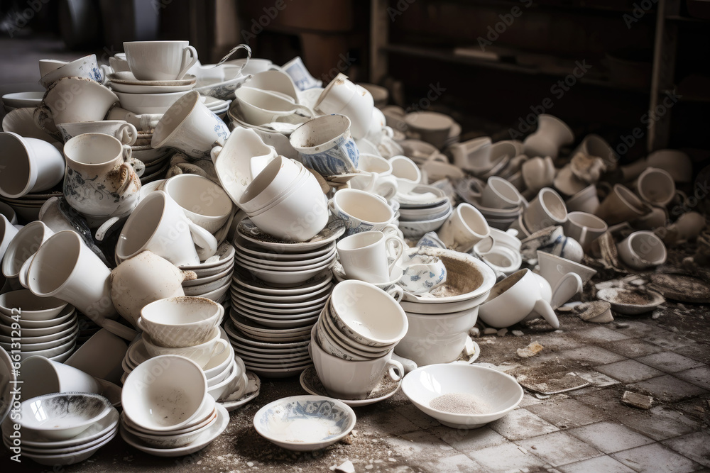 Vintage broken cups in an abandoned room Stock Photo | Adobe Stock