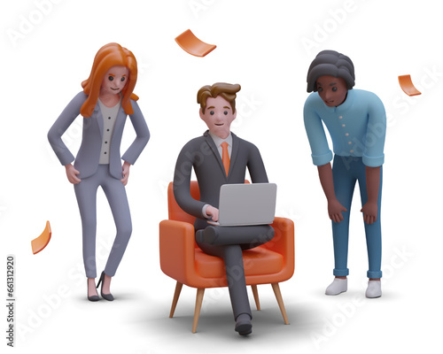 Female and man standing near director, resting after hard work. Assistants helping manager to finish project. Business people concept. Vector illustration in 3d style