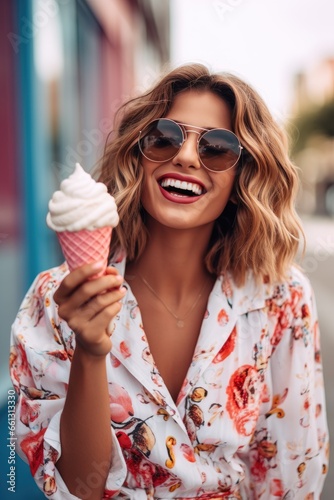 A happy female social media influencer eating a cone ice cream
