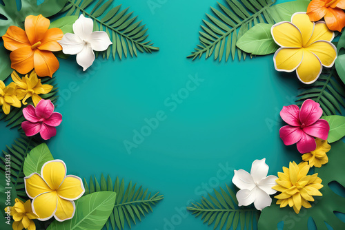 Summer background with beautiful tropical flowers and green tropical palm leaves with a green background and empty space in the middle for your text.