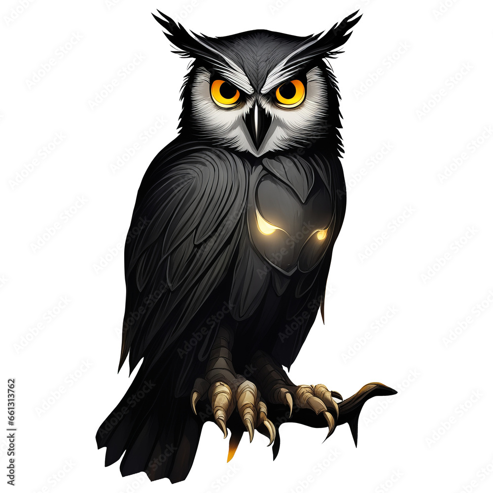 A large owl with large Feathers in shades of black wears a small crescent-shaped pendant A large owl with large Feathers in shades of black wears a small crescent-shaped pendant