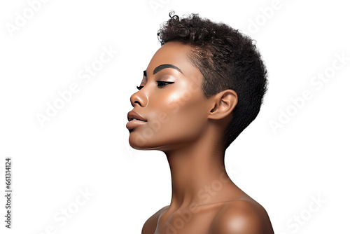 Studio portrait of a beautiful African American woman with clean healthy skin isolated on transparent png background.
