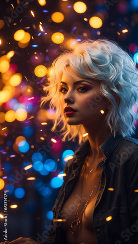 Beautiful girl with colorful lights. Stunning blond girl in a club. Closeup face of young beautiful woman with a healthy clean skin. Pretty woman with bright makeup