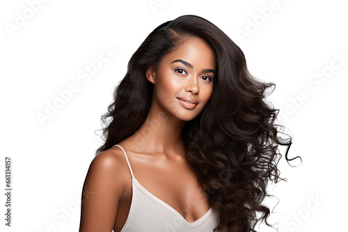 Studio portrait of a beautiful African American woman with clean healthy skin isolated on transparent png background.