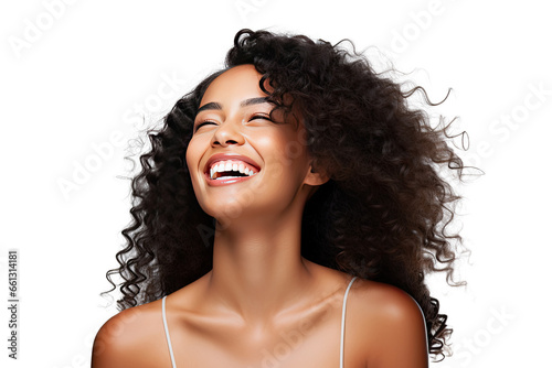 Studio portrait of a beautiful African American woman with clean healthy skin isolated on transparent png background.