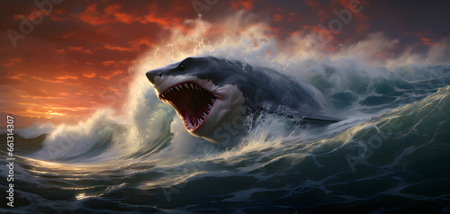 Majestic Great White Shark Emerges from Towering Waves at Sunset