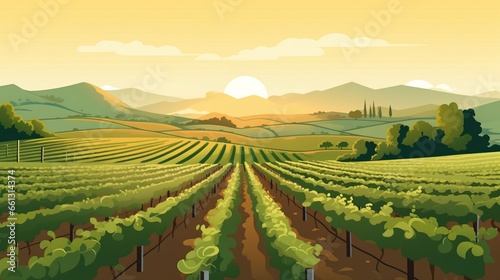 An idyllic vineyard landscape featuring neatly arranged vineyard rows set under a serene sky, creating a tranquil scene of natural beauty © Mohsin
