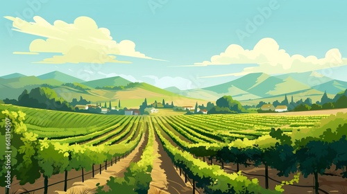 An idyllic vineyard landscape featuring neatly arranged vineyard rows set under a serene sky  creating a tranquil scene of natural beauty