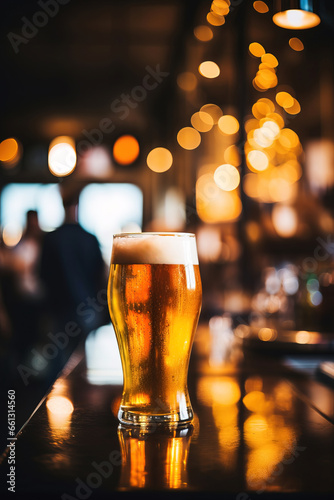 close up of a glas of beer with blurred Bartender and bar in the back with empty copy space