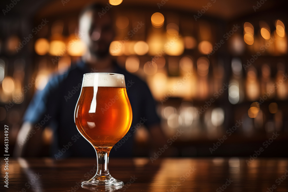close up of a glas of beer with blurred Bartender and bar in the back with empty copy space