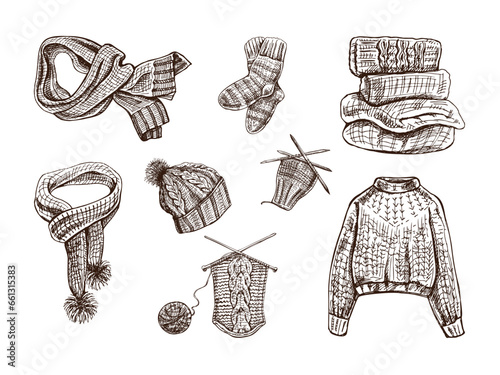 Vintage set of hand drawn knitted sweater, socks, scarf, hat, knitting process icons. Vector illustrations in sketch style. Handmade, sewing equipment concept in vintage doodle style. Engraving style.